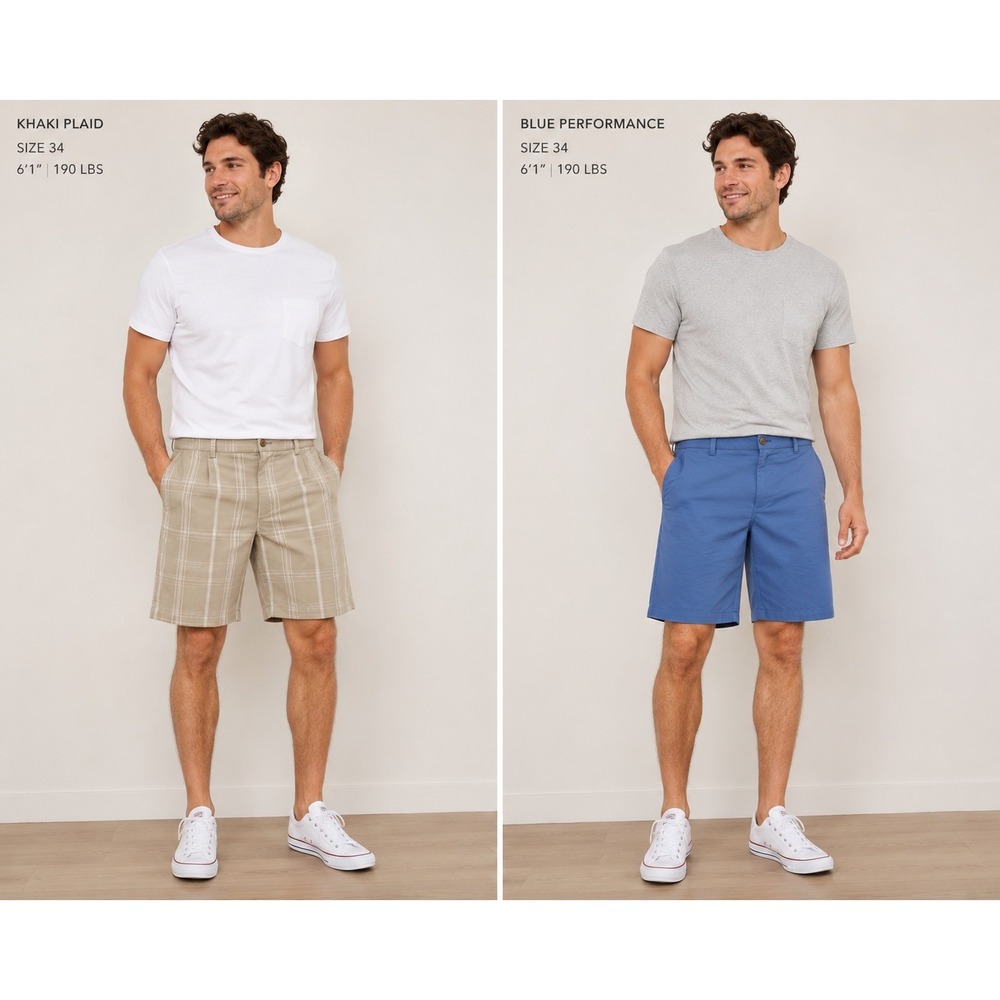 Mens Golf Shorts Lot 2 Pair Size 34 Blue Performance & Khaki Plaid Casual #17